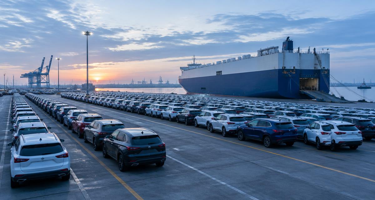 Новые автомобили на терминале морского порта перед отправкой